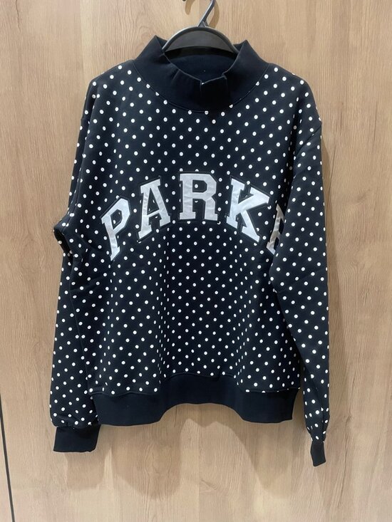 Parke Tops - PARKE Varsity Letter Polka Dot Mock Neck Pullover Sweatshirt